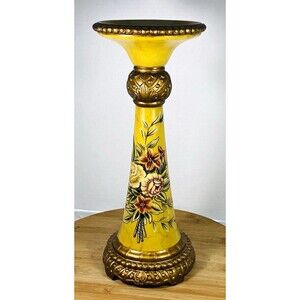 Raymond Waites Yellow Floral Ceramic Candlestick Holder Glossy Taper Candle 14”